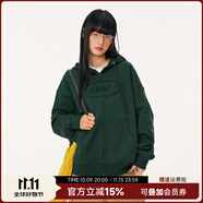 Mmlg【明星同款】開(kāi)衫衛(wèi)衣女男秋新款寬松百搭雙拉鏈上衣情侶連帽外套 深綠色 S