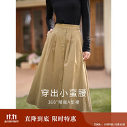 茵曼秋女裝文藝復(fù)古通勤中長(zhǎng)款學(xué)院風(fēng)純棉半身裙女傘裙子 茶綠色1 XL
