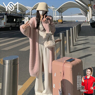 翊尚美長款針織衫開衫外套女秋冬新款仿水貂絨寬松加絨加厚毛衣秋裝上衣 粉色【毛衣開衫加絨加厚】 均碼 【推薦80-140斤】