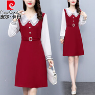 皮爾卡丹（pierre cardin）大碼顯瘦遮肚子紅色連衣裙時(shí)尚假兩件套新款法式娃娃領(lǐng)減齡拼接裙 紅色 XL