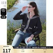 三彩2024秋款撞色條紋海軍領(lǐng)針織衫毛衣開(kāi)衫顯瘦毛衫簡(jiǎn)約女 黑色 S 155/80A