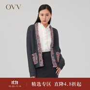 OVV2023秋冬新款女裝撞色羊毛粗棒針手工感針織休閑開衫外套 深灰（凈色）A5 L