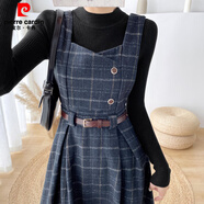皮爾卡丹（pierre cardin）秋冬法式小香風(fēng)加厚格紋背帶裙套裝 藏青色單裙 S 現貨