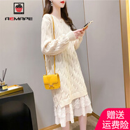 AEMAPE中長(cháng)款連衣裙女2025春秋冬季新寬松加厚蕾絲過(guò)膝針織毛衣裙子女 白色 L