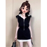2025夏季歐洲站流行減齡蕾絲拼接短裙兩件套裝女 黑色 S