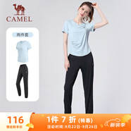 駱駝（CAMEL）戶外晨跑運動服女休閑短袖兩件套裝 Y23BA0L6059 水波藍/黑 S