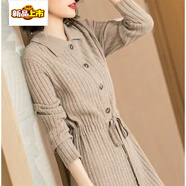 初徑娃娃領(lǐng)連衣裙女秋冬中長(cháng)款新款春秋洋氣外穿打底毛衣裙子過(guò)膝 米駝色 M 建議90-105斤