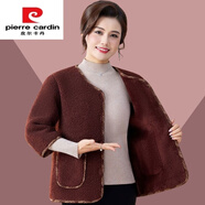 皮爾卡丹（pierre cardin）秋冬媽媽裝羊羔絨加絨加厚保暖棉衣時(shí)尚中年女裝圓領(lǐng)七分袖外套 紅色 XL  建議90-105斤