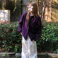 以純（YISHion）韓系慵懶風(fēng)紫色針織開(kāi)衫毛衣外套女早秋裝2025新款軟糯感上衣 毛衣【秋季外套/ 今年流行外套/小香風(fēng)外套 】 S 40/45kg