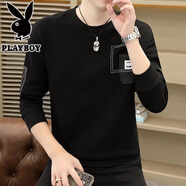 花花公子（PLAYBOY）刺繡貼布高品質(zhì)華棉男士衛(wèi)衣秋冬長袖T恤加絨加厚青年體恤打底衫 W7716 黑色 【春秋款】【收藏加購優(yōu)先發(fā)貨】 M 80斤-105斤