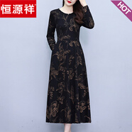 恒源祥秋天連衣裙女士2025新款春秋款高檔中老年50多歲媽媽秋裝洋氣裙子 金色 3755 M (105斤以下)
