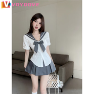 VOYDOVE學(xué)院風(fēng)jk制服套裝女夏季甜美海軍領(lǐng)收腰短袖襯衫高腰半身裙兩件套 襯衫+蝴蝶結+灰百褶裙【z】 M 【建議95-105斤】