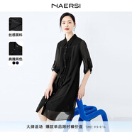 娜爾思（NAERSI）壓褶直筒寬松通勤顯瘦雪紡連衣裙新款襯衫裙 黑色 40/L