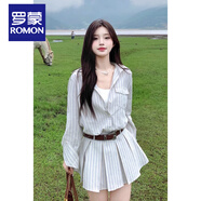 羅蒙（ROMON）學(xué)院風(fēng)條紋連衣裙女早秋季2025新款法式氣質(zhì)收腰顯瘦百褶襯衫短裙 條紋襯衫裙【配腰帶】 XL 建議130-140斤