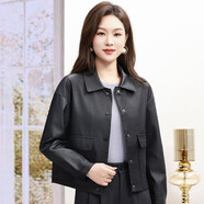 FKFX春秋季薄款時(shí)尚休閑短款紐扣皮衣外套女裝pu夾克上衣服 女士薄款56款黑色 M （90-105斤）
