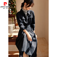 皮爾卡丹美拉德復古V領(lǐng)絨感連衣裙女秋冬正式場(chǎng)合收腰顯瘦通勤襯衫裙 藏青色 M 100-115斤
