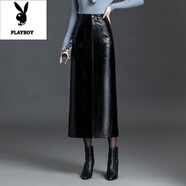 花花公子（PLAYBOY）PU皮裙半身裙女2025秋冬季高腰直筒韓版時(shí)尚大碼長(cháng)款顯瘦百搭裙子 黑色 A1區68008 S 95斤以下