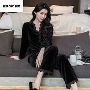 雅鹿金絲絨睡衣女春秋性感長(cháng)袖套裝色蕾絲韓國開(kāi)衫冬季家居服兩件套 789 黑色 L碼 建議體重100-120斤