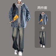 曙影（SHUYING）港風(fēng)春秋季假兩件連帽牛仔夾克男生穿搭外套寬松套裝潮流一套搭配 W48藍色+K180藍褲 3XL 【155-180斤】
