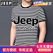 JEEP SPIRIT夏季短袖男裝黑白色橫條紋體恤海魂衫純棉運(yùn)動(dòng)半袖復(fù)古聚會(huì)衫 黑色 XL