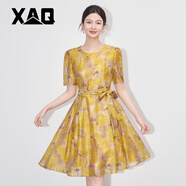 XAQ高端印花連衣裙女夏季名媛氣質(zhì)小香風(fēng)短袖收腰綁帶印花A字大擺裙 黃色 S