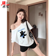 甜米寶一字肩斜肩短袖T恤女夏季小眾別致寬松顯瘦露肩辣妹半袖上衣學(xué)生 白色(背包小貓) L 110-120斤