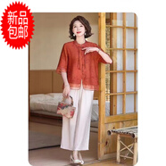 素訂媽媽夏裝2025新款中老年女裝棉麻T(mén)恤長(cháng)褲套裝夏衣服洋氣年輕 石榴紅+米色褲 XL 90-105斤