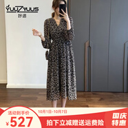 妤遇（YUUZYUUS）品牌女裝法式復古碎花連衣裙女2025春秋新款收腰顯瘦V領(lǐng)長(cháng)袖裙子 黑色 M