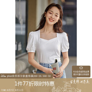 茵曼法式棉質(zhì)女裝方領(lǐng)短袖t恤夏季套頭修身小個子襯衣上衣 珍珠白新 M