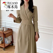 啄木鳥(niǎo)（TUCANO）西裝式連衣裙女韓國chic秋季法式設計感翻領(lǐng)別致收腰顯瘦過(guò)膝長(cháng)款 卡其色 均碼