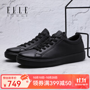 ELLE HOMME板鞋男 進口頭層牛皮小白鞋 厚底增高男士透氣真皮商務休閑鞋 黑色輕質大底YC9C263270 43