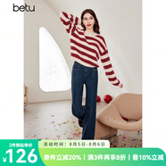 百圖betu女裝冬季新款毛衣時髦條紋溫暖毛絨長袖毛衫女2312T10 紅白條 S