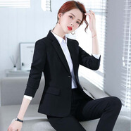 媚哥小西裝女外套職業(yè)裝春秋季長(cháng)袖套裝正裝大學(xué)生酒店銀行西服工作服 黑色西裝+褲+白色襯衫【三件套】 M 碼【  約 87 - 97 斤人 穿 】