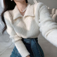 溥畔溫柔氣質水貂毛領長袖毛衣女短款針織 白色 均碼