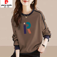 皮爾卡丹（pierre cardin）新款圓領(lǐng)衛(wèi)衣女秋冬2024新韓版chic撞色寬松時尚落肩長袖上衣 卡其色(彩色R字母)【加絨加厚】 L 115-130斤