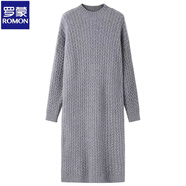 羅蒙（ROMON）法式復古高領(lǐng)麻花針織連衣裙女秋冬寬松毛衣內搭打底長(cháng)裙子 灰色 S 建議80-95斤