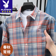 花花公子（PLAYBOY）男士長袖純棉襯衫秋冬加絨加厚中年爸爸裝全棉格子襯衣外套 1401紅色 40 建議135-145斤