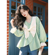 燕潯設計感綠色條紋拼接蝴蝶結娃娃衫女2025年春季好看獨特漂亮襯衣 綠色條紋拼接蝴蝶結娃娃衫 L -105-115斤