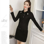 菲尼東爵秋冬新款韓版襯衣領(lǐng)假兩件加絨蕾絲連衣裙修身大碼拼接毛呢包臀裙 全黑 S _(80-95斤)