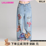 LALABOBO袁一琦同款純棉牛仔褲女高腰顯瘦小熊印花寬松闊腿褲潮RBDC-ZC19 中藍(lán)白 常規(guī) 25 建議105-120斤