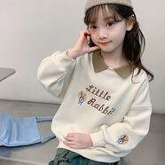 杰米熊（JMBEAR）女童polo領(lǐng)春秋兒童長(zhǎng)袖秋裝衛(wèi)衣秋季洋氣2024童裝新款上衣 米白色 卡通繡兔 130