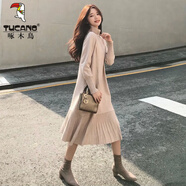 啄木鳥(niǎo)加厚高領(lǐng)毛衣裙配大衣連衣裙時(shí)尚寬松過(guò)膝拼接大擺長(cháng)裙厚百搭顯瘦 杏色 S 建議80-90斤