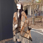 心楠韓國空調(diào)披肩外搭斗篷秋冬季小眾復(fù)古格子流蘇保暖圍巾女 高品質(zhì)【楓葉黃】披肩