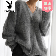 花花公子（PLAYBOY）品牌歐美跨境貂絨V領(lǐng)針織毛衣女2024秋冬新款寬松純色開衫女外套 灰色 S