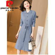皮爾卡丹（pierre cardin）2025春秋減齡娃娃領(lǐng)收腰系帶中長(zhǎng)款女純色條紋寬松針織連衣裙潮 湖藍(lán)色今年流行的輕奢品牌 2XL