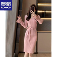 羅蒙針織連衣裙女秋冬季喇叭袖內搭中長(cháng)款毛衣裙V領(lǐng)過(guò)膝包臀打底裙子 粉紅色 S