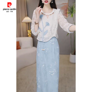 皮爾卡丹（pierre cardin）廣州十三行七分袖套裝連衣裙女2025春秋新款媽l媽半身裙禮服套裝 米白藍花兩件套裙 2XL (建議121-130斤)