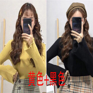 花花公子（PLAYBOY）秋冬加厚卷邊半高領(lǐng)個(gè)性坑條喇叭袖針織氣質(zhì)復(fù)古柔軟打底衫毛衣 黃色+黑色 S 80---95