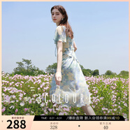 三彩獨醒2025夏季新款荷葉邊印花雪紡裙連衣裙度假風長裙F 冰川藍花卉 S 155/80A