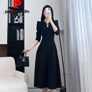 皮爾卡丹（pierre cardin）新品黑色長袖連衣裙女2025年春季新款氣質(zhì)收腰高級感法式長 黑色 L _105-115